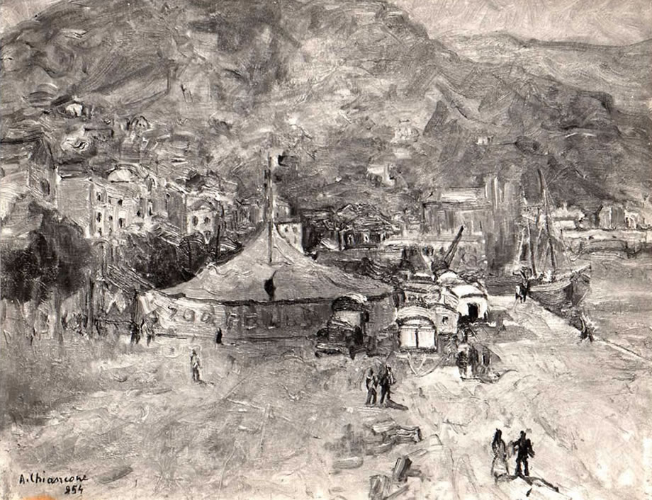 Circo equestre sulla costiera amalfitana, 1954, olio, esposta mostra Opere chiariste 1947-54